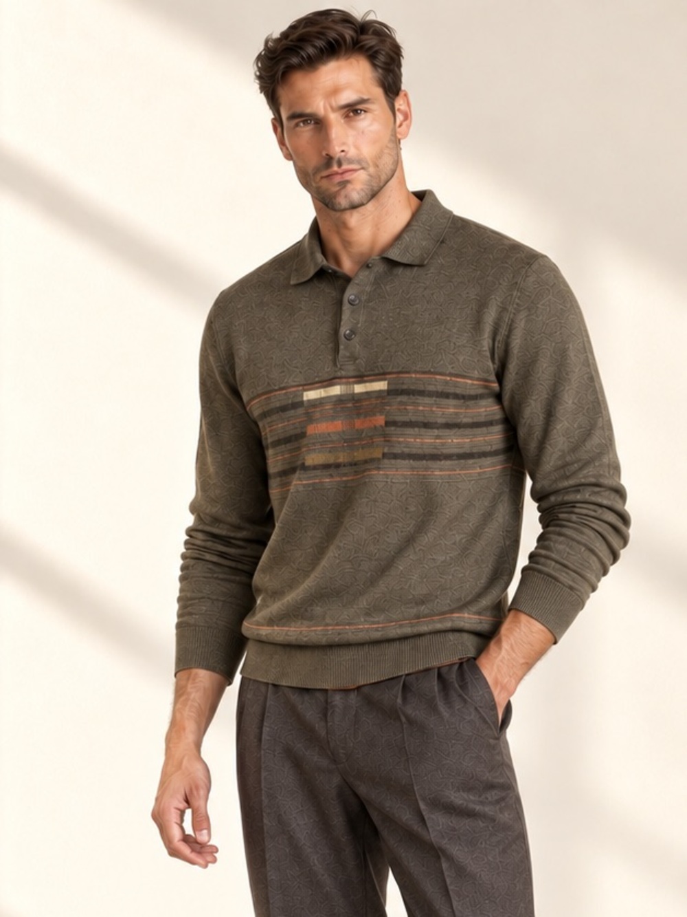 Gran Sasso 3D Stripe Wool Blend Knit Polo Sweater Textured Olive Sz L